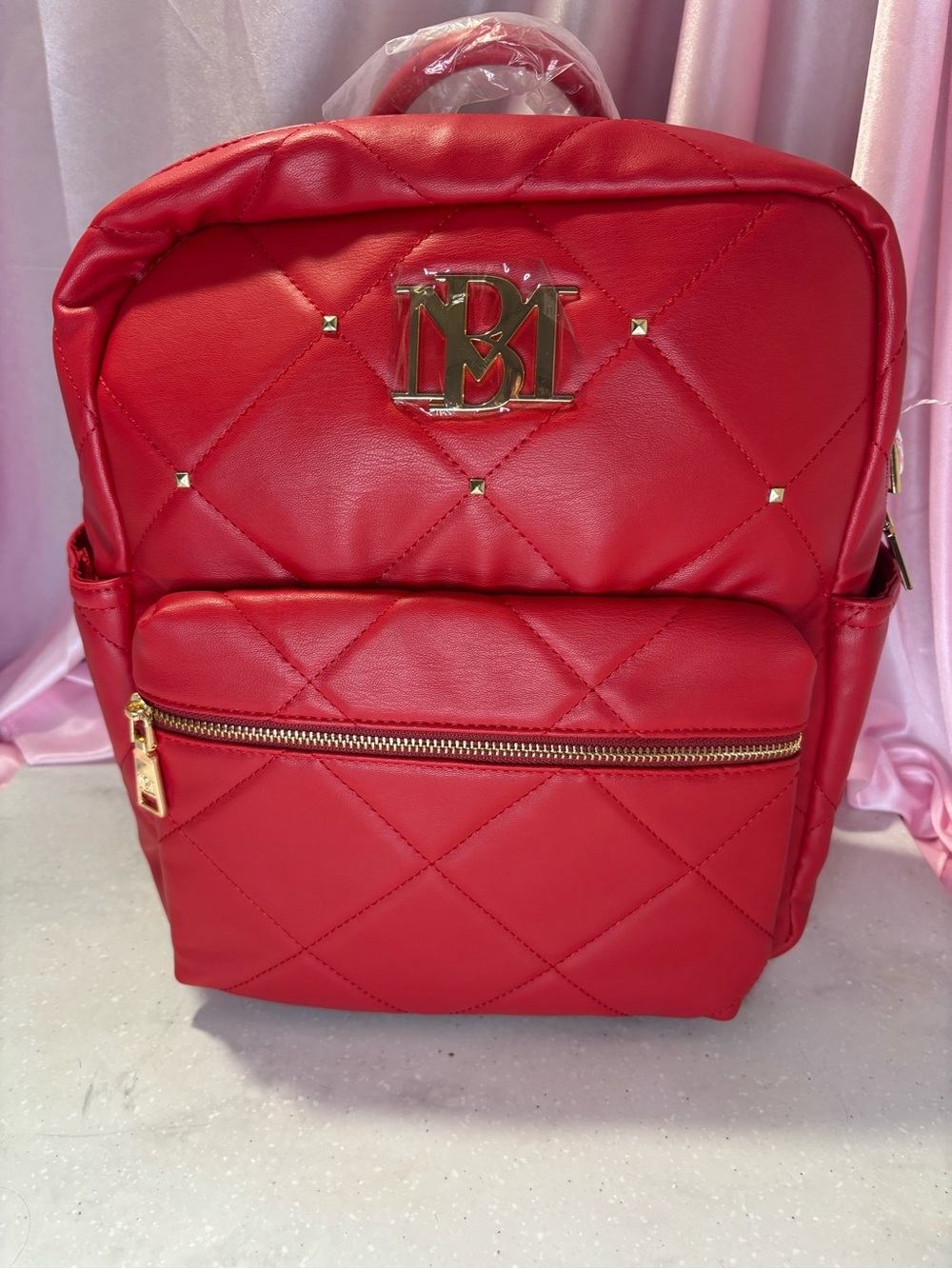 Badgley Mischka Quilted Red Backpack with Gold Accents